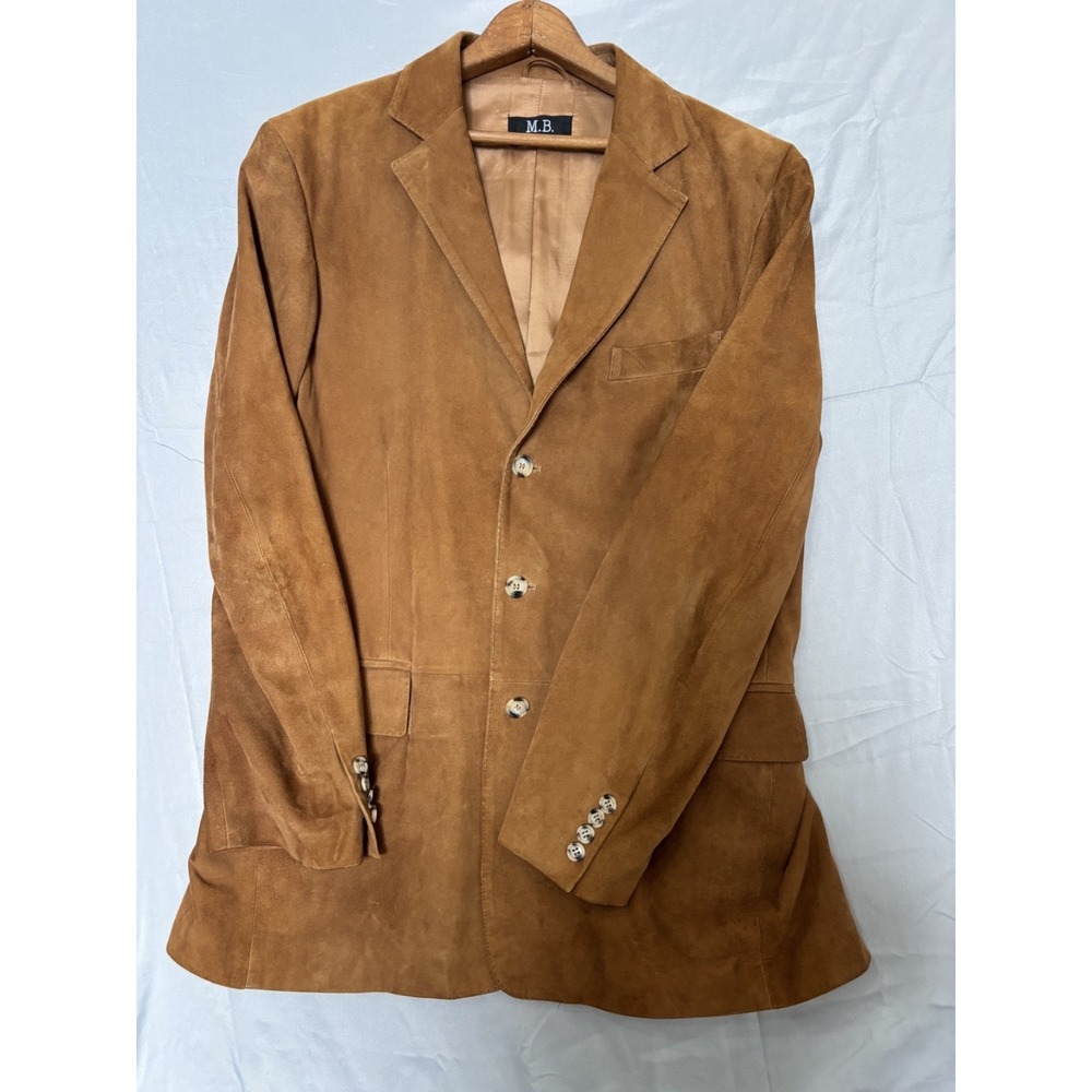 M.B. Made in Italy Mens Tan Suede Leather Blazer Jacket 40 Regular 3 Button Coat